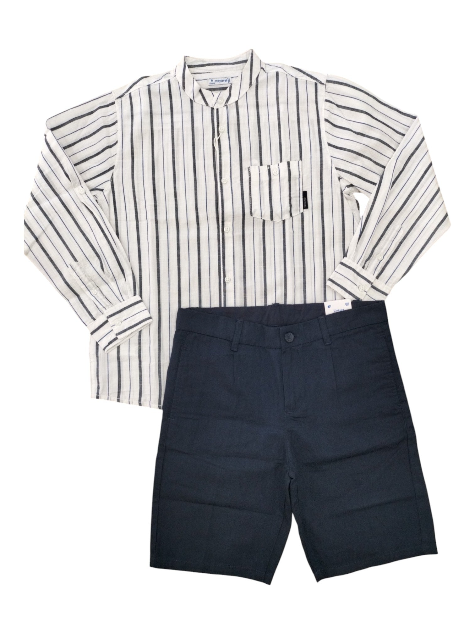 Completo due pezzi Mayoral camicia a righe e bermuda blu