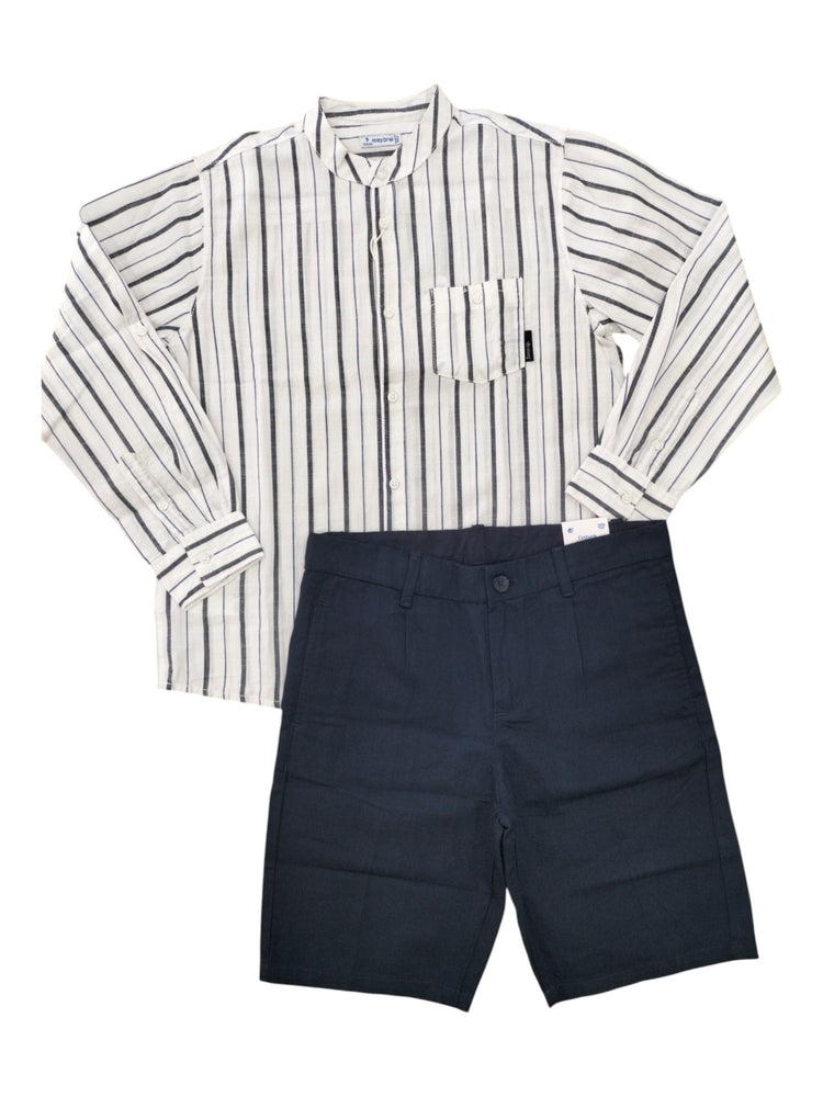Completo due pezzi Mayoral camicia a righe e bermuda blu