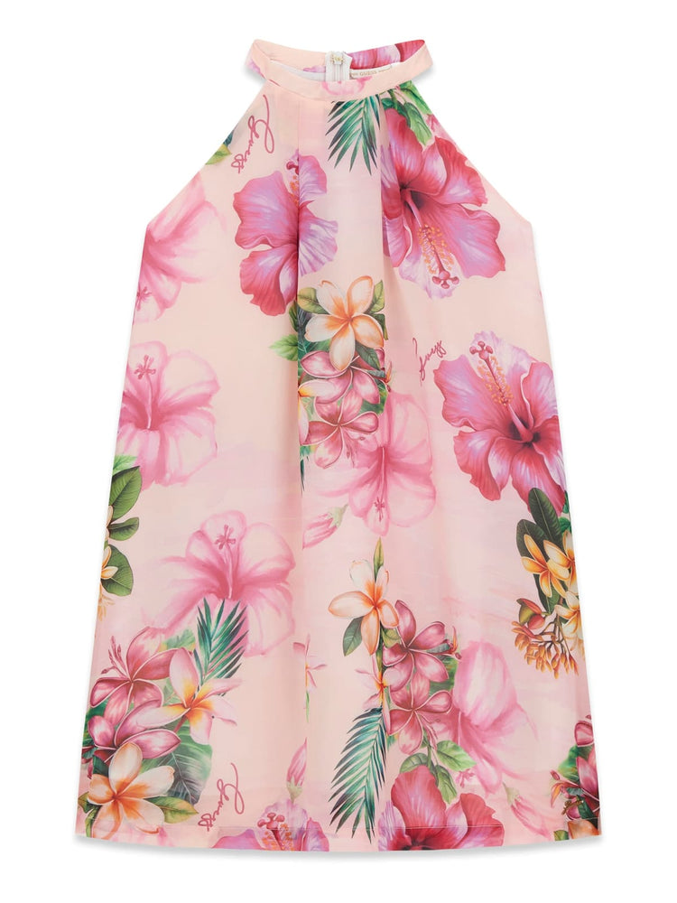 Abito Guess chiffon scollo americano fantasia fiori - Fuxia/Rosa