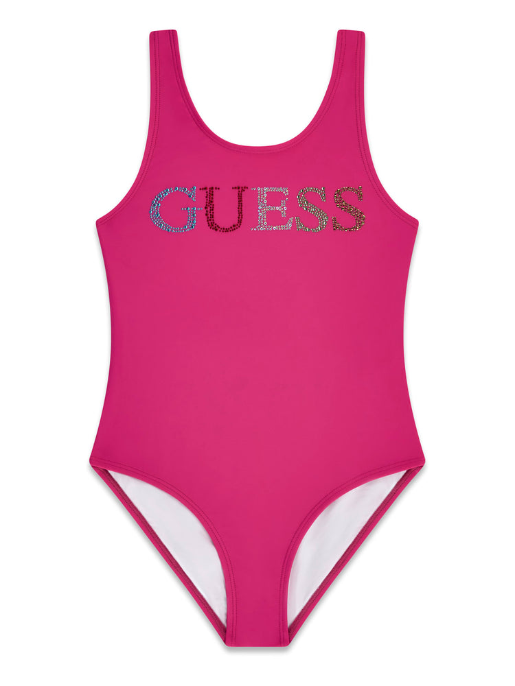 Costume intero Guess tinta unita logo strass - Fuxia