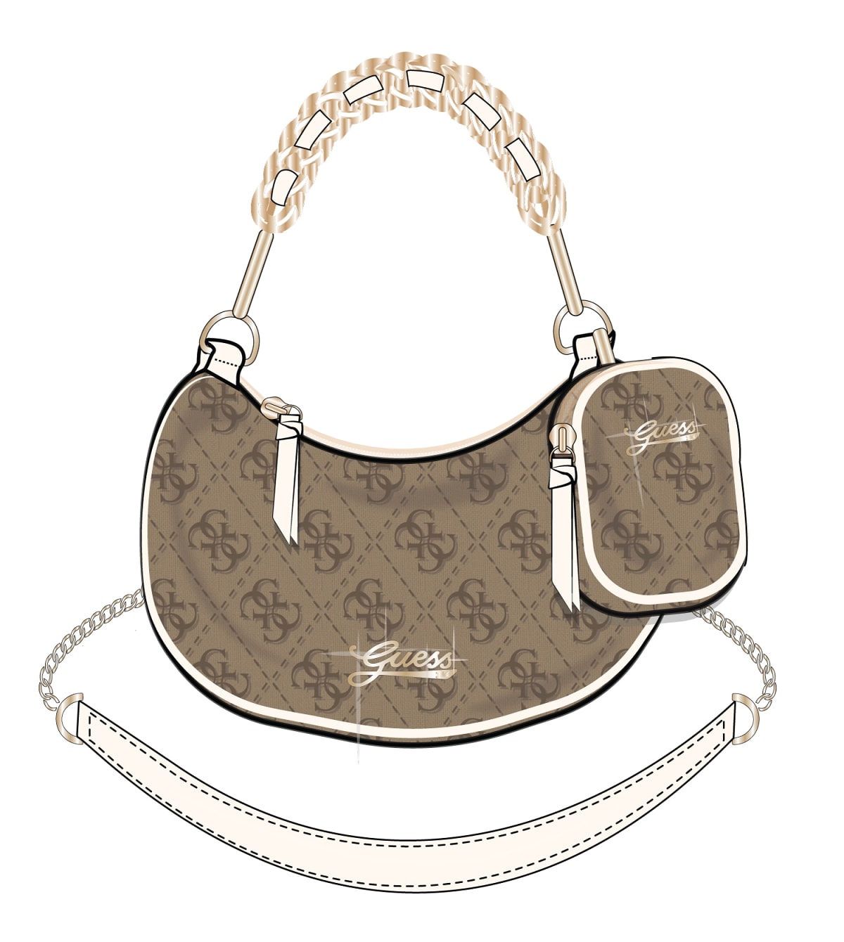 BORSETTA MEZZA LUNA GUESS MARRONE  FANTASIA LOGATA