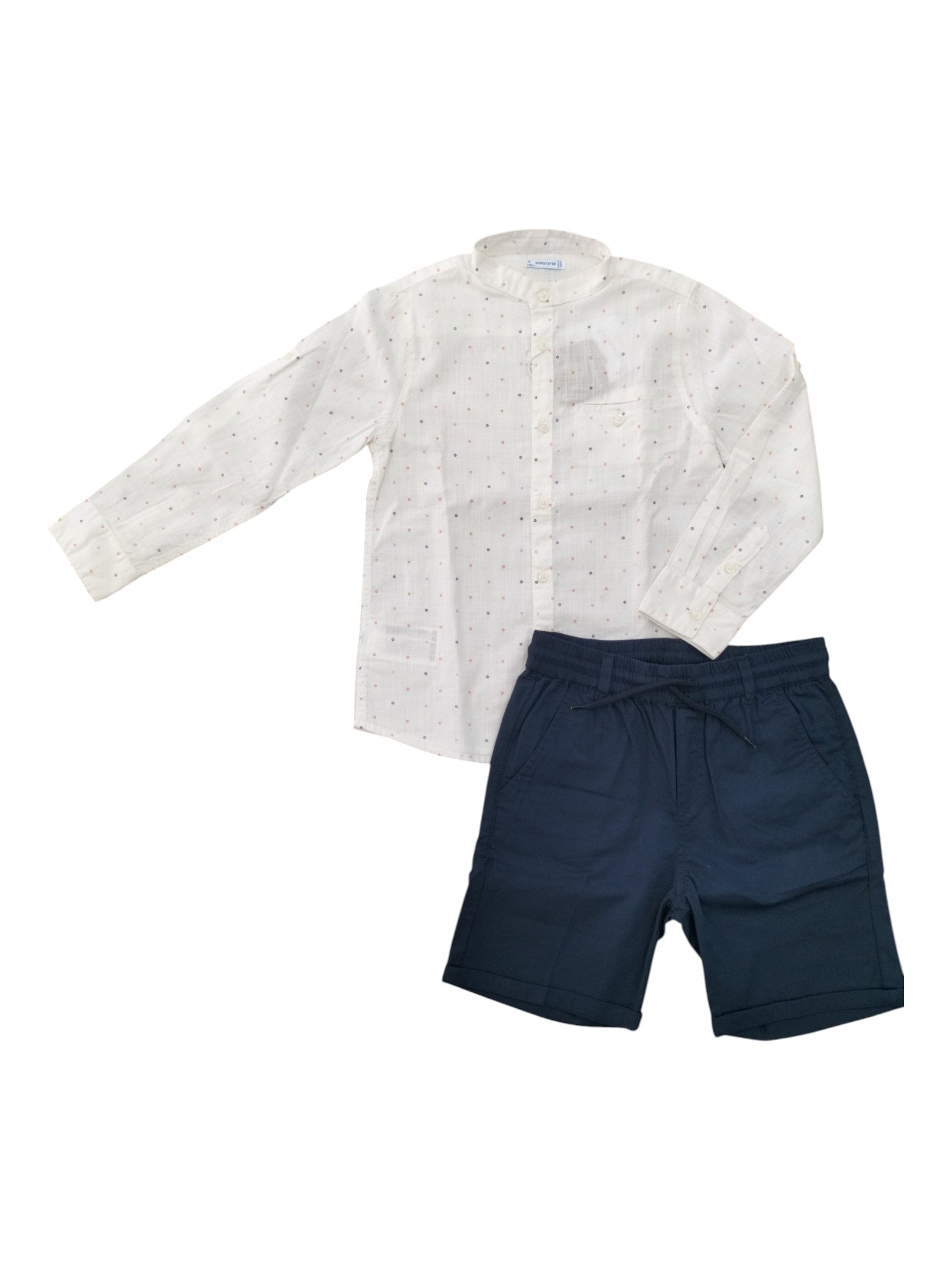 Completo due pezzi Mayoral in lino camicia pois e bermuda blu