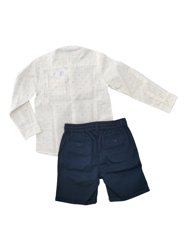 Completo due pezzi Mayoral in lino camicia pois e bermuda blu