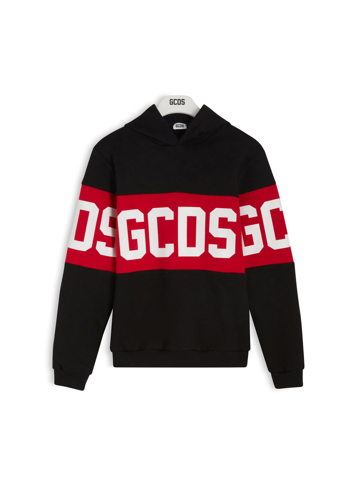 FELPA BAND LOGO GCDS CON CAPPUCCIO FONDO NERO LOGO ROSSO