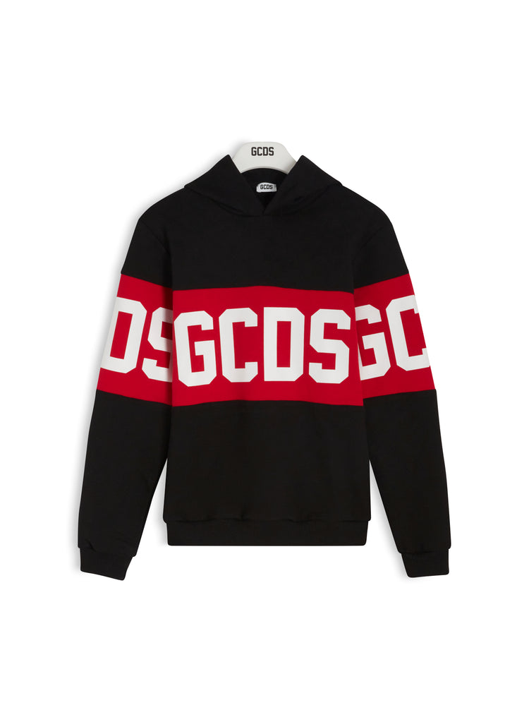 FELPA BAND LOGO GCDS CON CAPPUCCIO FONDO NERO LOGO ROSSO