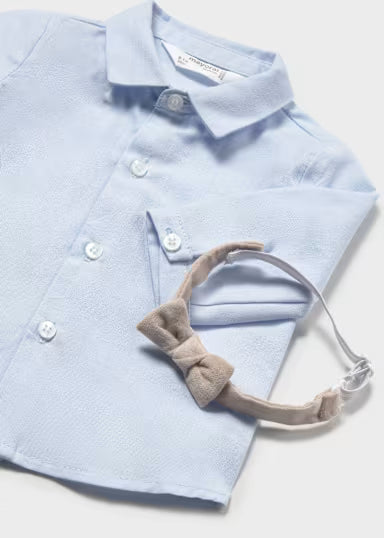 CAMICIA AZZURRA CON PAPILLON IN VELLUTO BEIGE