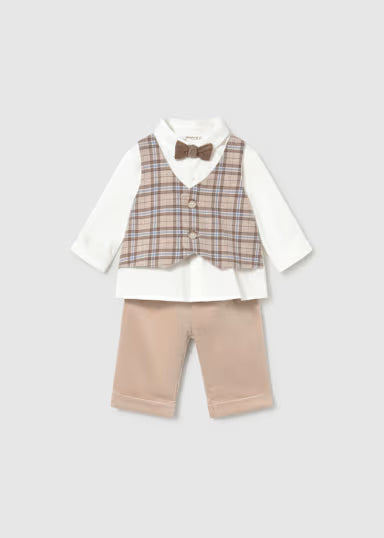 COORDINATO ELEGANTE PANCIOTTO QUADRI CAMICIA PANA E PANTALONE IN VELLUTO BEIGE