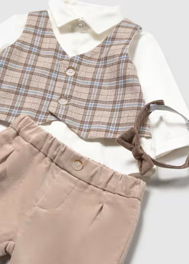 COORDINATO ELEGANTE PANCIOTTO QUADRI CAMICIA PANA E PANTALONE IN VELLUTO BEIGE