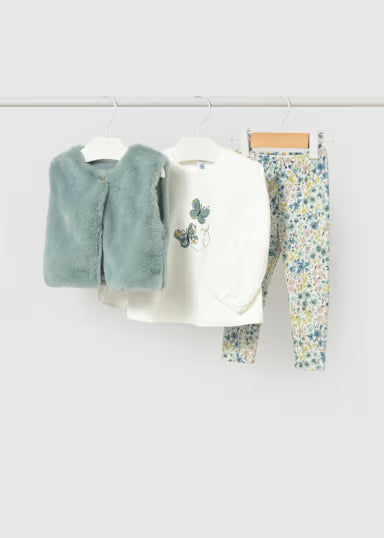 COORDINATO 3P VERDE SALVIA SMANICATO PELLICCIA SHIRT PANNA E LEGGINS FIORI