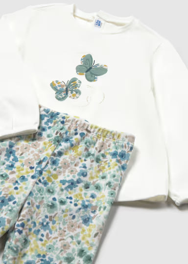 COORDINATO 3P VERDE SALVIA SMANICATO PELLICCIA SHIRT PANNA E LEGGINS FIORI