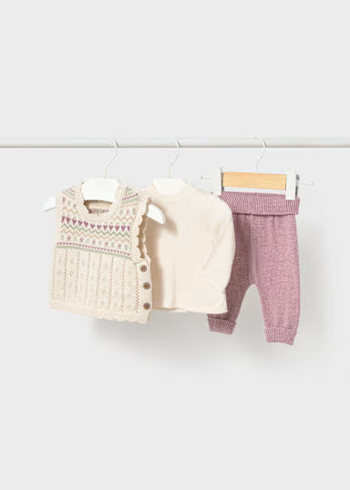 COORDINATO 3PZ TRICOT CON GILET BEIGE/MALVA