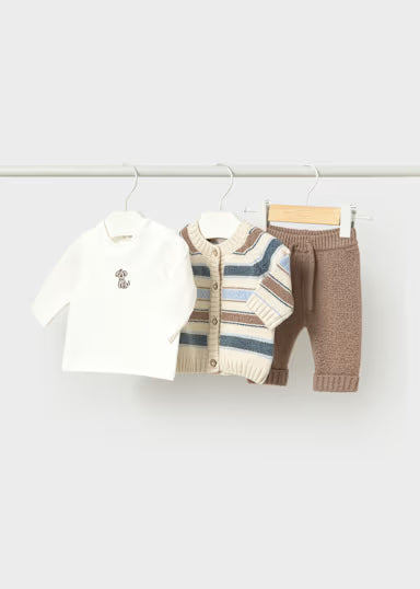 COORDINATO 3PZ CARDIGAN SHIRT E PANTALONE AZZURRO/MARRONE