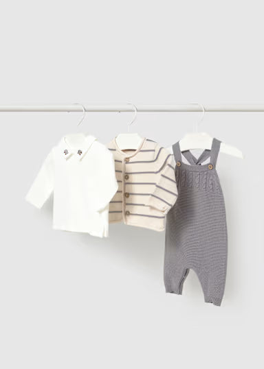 COORDINATO NASCITA 3PZ IN TRICOT BEIGE/GRIGIO