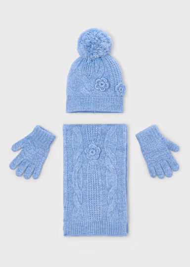 COORDINATO TRECCIA CAPPELLO SCIARPA E GUANTI AZZURRO POLVERE