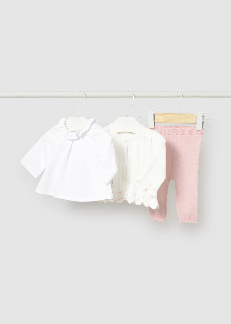 Completo 3 pezzi tricot neonata - Bianco/Rosa