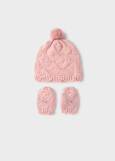 COORDINATO CAPPELLO CON PON POM E MUFFOLE ROSA CIPRIA