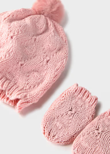COORDINATO CAPPELLO CON PON POM E MUFFOLE ROSA CIPRIA