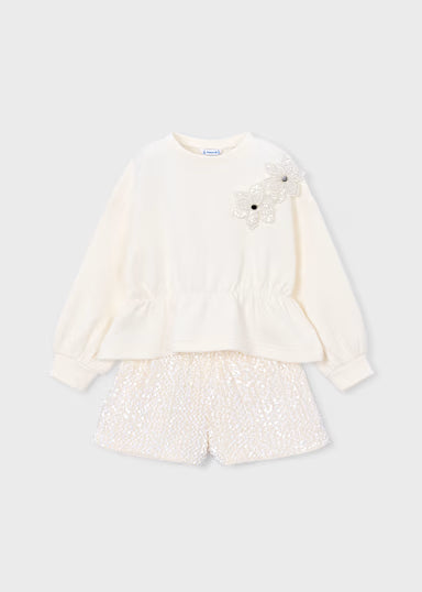 COORDINATO MAGLIONCINO FIORI E SHORT PAILLETTES BIANCO