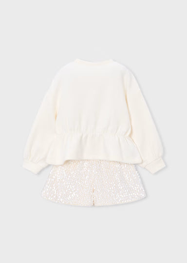 COORDINATO MAGLIONCINO FIORI E SHORT PAILLETTES BIANCO