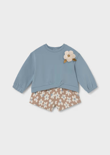 COORDINATO MAGLIONCINO AZZURRO FIORI PELLICCIA E SHORT BEIGE FIORI