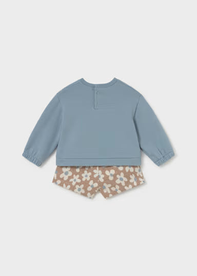 COORDINATO MAGLIONCINO AZZURRO FIORI PELLICCIA E SHORT BEIGE FIORI