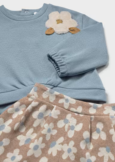 COORDINATO MAGLIONCINO AZZURRO FIORI PELLICCIA E SHORT BEIGE FIORI