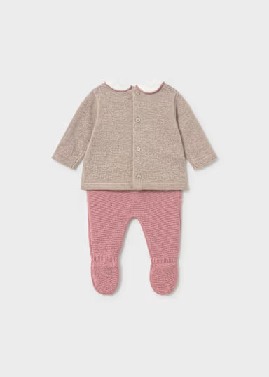 COORDINATO IN TRICOT BLUSA E PANTALONE TORTORA/ROSA