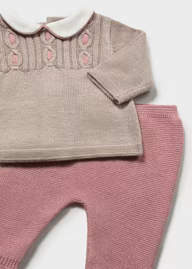 COORDINATO IN TRICOT BLUSA E PANTALONE TORTORA/ROSA