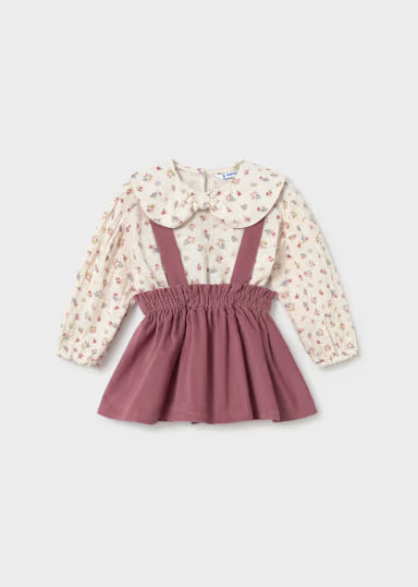 COORDINATO SHIRT FIORELLINI CON GONNA SALOPETTE IN VELLUTO VINACCIO
