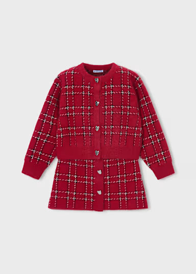 COORDINATO PELUCHE GIACCHINO E GONNA QUADRI ROSSO