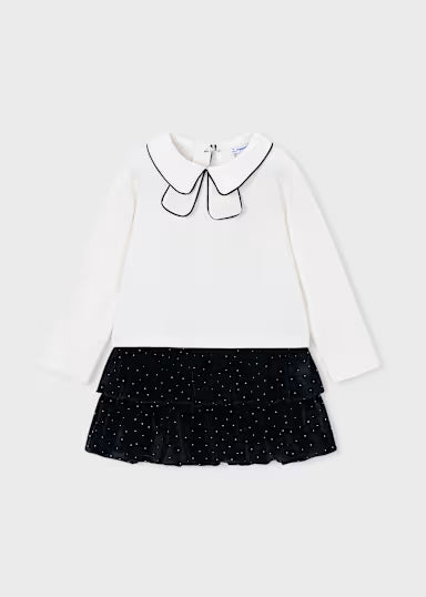 COORDINATO SHIRT FIOCCO PANNA E GONNA BORCHIE IN VELLUTO NERA