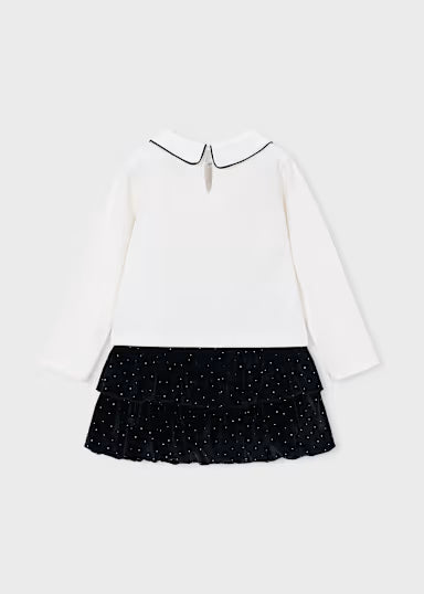 COORDINATO SHIRT FIOCCO PANNA E GONNA BORCHIE IN VELLUTO NERA