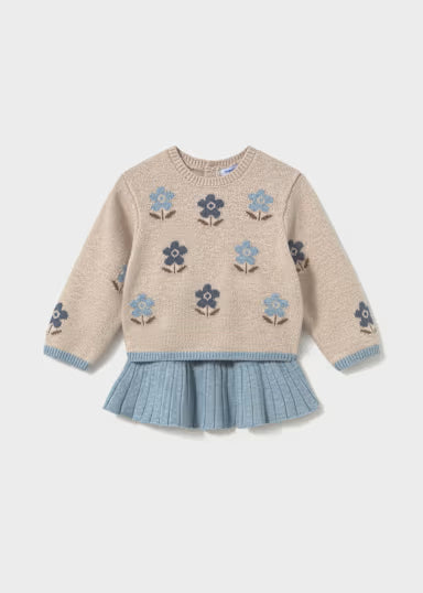 COORDINATO FIORI IN LANETTA MAGLIONCINO BEIGE E GONNA AZZURRA