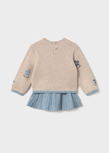 COORDINATO FIORI IN LANETTA MAGLIONCINO BEIGE E GONNA AZZURRA
