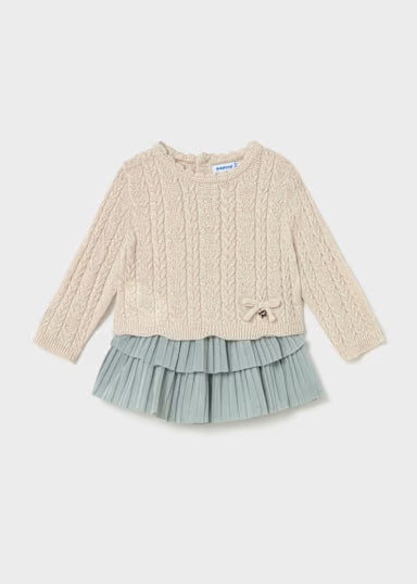 COORDINATO MAGLIONCINO TRECCIA BEIGE LUREX E GONNA PLISSE VERDE SALVIA