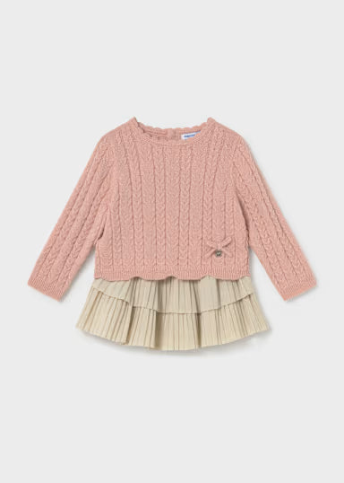 COORDINATO MAGLIONCINO TRECCIA ROSA LUREX E GONNA PLISSE BEIGE