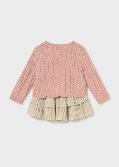 COORDINATO MAGLIONCINO TRECCIA ROSA LUREX E GONNA PLISSE BEIGE