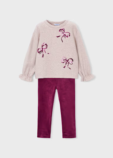 COORDINATO LEGGINS FIOCCHI PAILLETTES BEIGE/BORDOUX