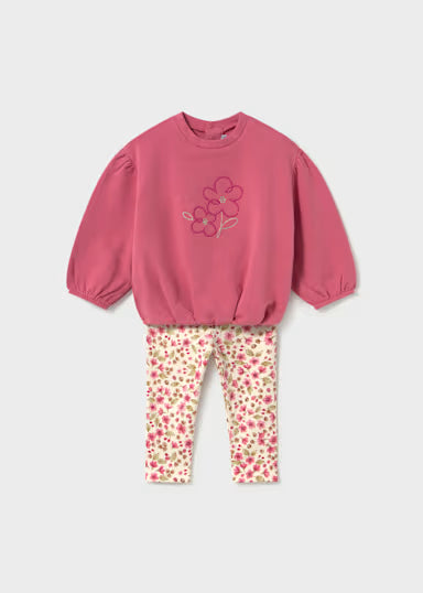 COORDINATO LEGGINS ROSA CIPRIA FELPA TINTA UNITA E LEGGINS FIORI