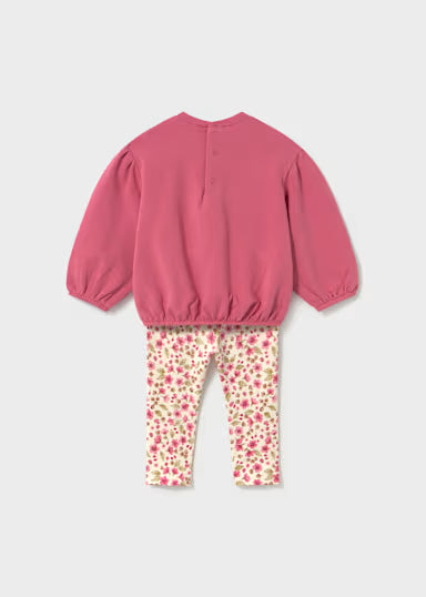 COORDINATO LEGGINS ROSA CIPRIA FELPA TINTA UNITA E LEGGINS FIORI