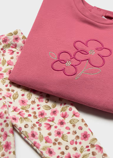COORDINATO LEGGINS ROSA CIPRIA FELPA TINTA UNITA E LEGGINS FIORI