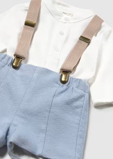 COORDINATO SHORT IN VELLUTO AZZURRO CON BRETELLE E CAMICIA BIANCA