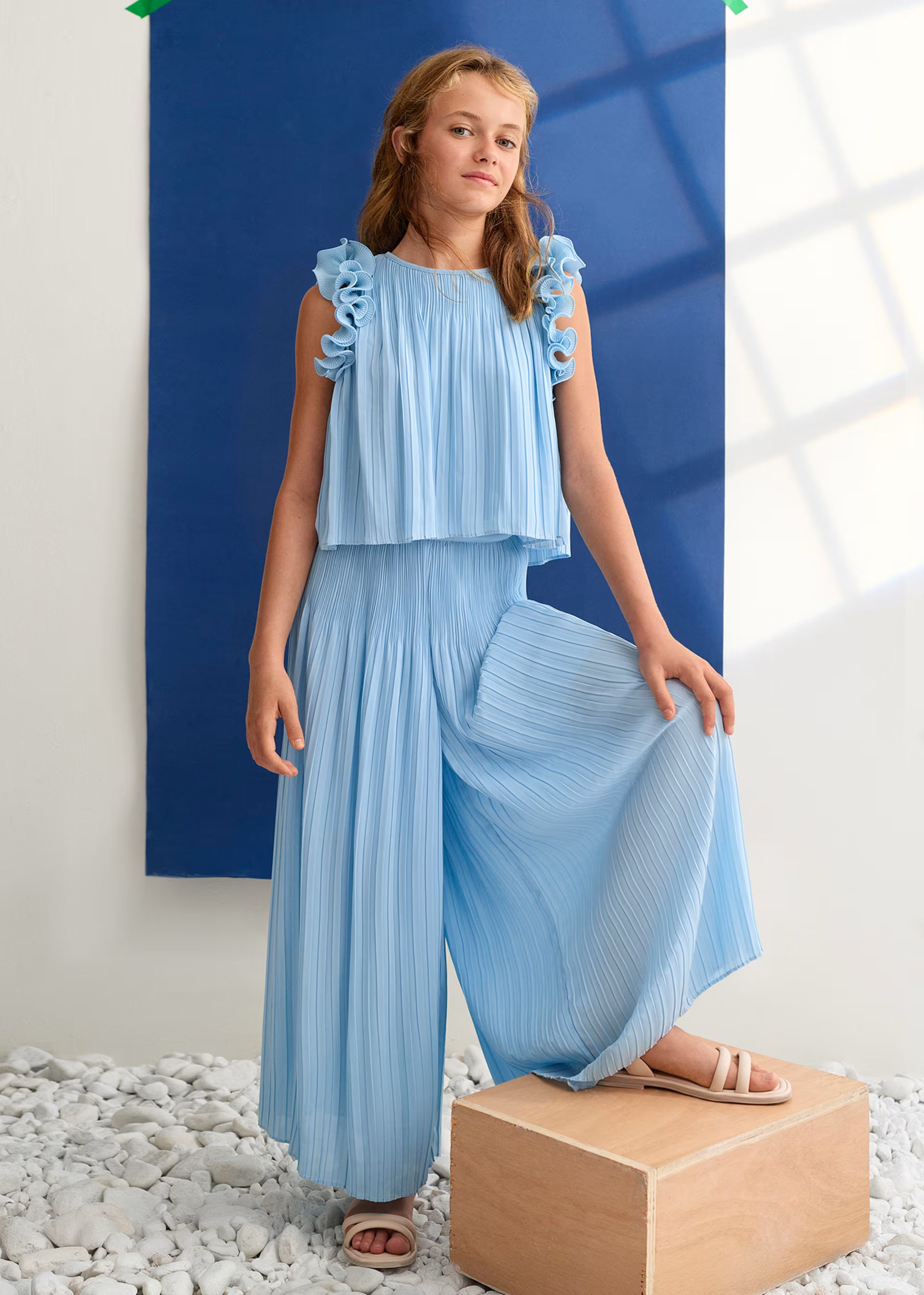 Completo pantalone chiffon Abel&Lula plissettata bambina - Azzurro Polvere