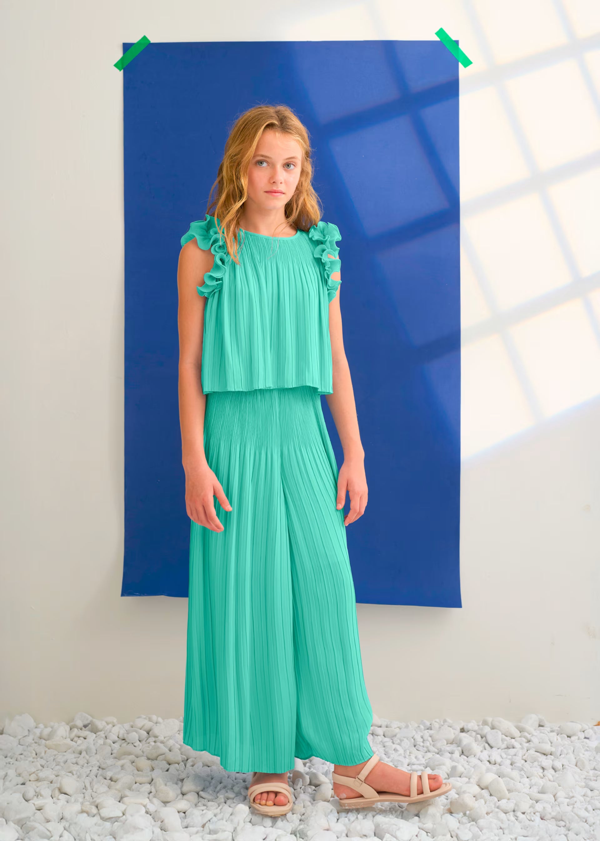 Completo pantalone chiffon Abel&Lula plissettata bambina - Acquamarina