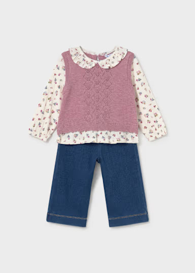 COORDINATO 3PZ CAMICINA FIORI GILET IN LANA GLICINE E LEGGINS EFFETTO DENIM