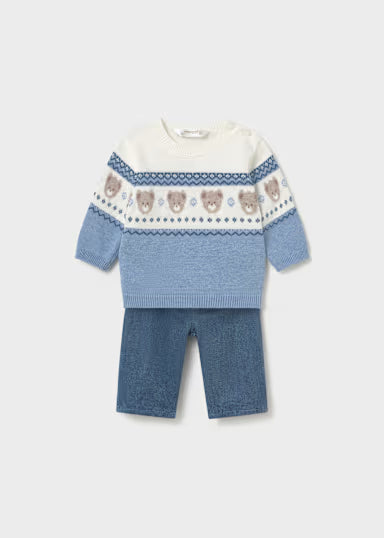 COORDINATO MAGLIONCINO FANTASIA CAGNOLINO E PANTALONE IN VELLUTO A COSTINE BLU