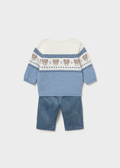 COORDINATO MAGLIONCINO FANTASIA CAGNOLINO E PANTALONE IN VELLUTO A COSTINE BLU