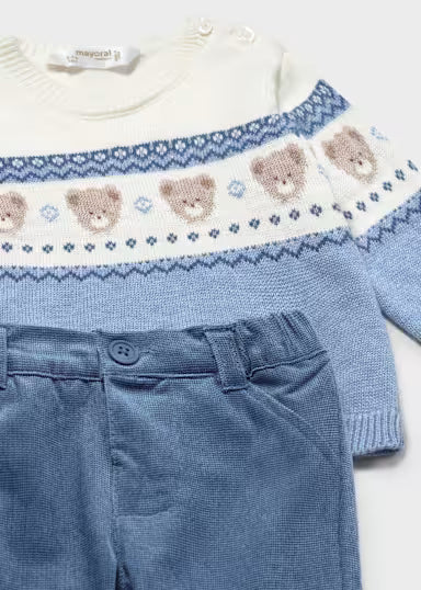 COORDINATO MAGLIONCINO FANTASIA CAGNOLINO E PANTALONE IN VELLUTO A COSTINE BLU