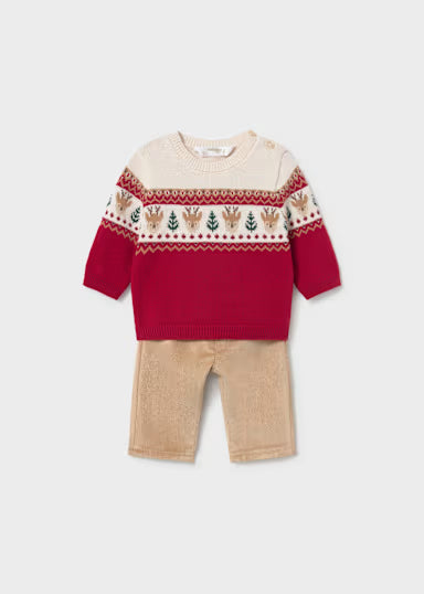 COORDINATO MAGLIONCINO RENNA E PANTALONE A COSTINE IN VELLUTO ROSSO/BEIGE