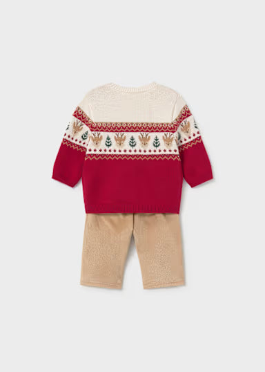 COORDINATO MAGLIONCINO RENNA E PANTALONE A COSTINE IN VELLUTO ROSSO/BEIGE